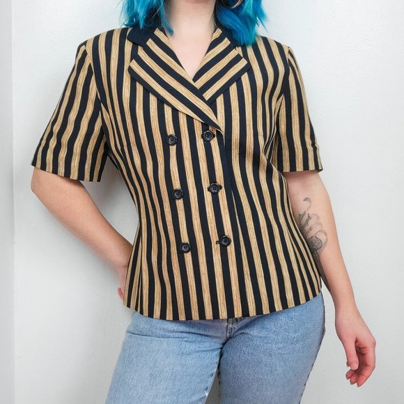 Le Suit Jackets & Blazers - Vintage 90s Navy & "Wood" Striped Short Sleeve Blazer